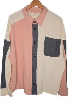 Fantastic Fawn Womens Colorblock Cotton Button Down Oversized Shacket Large